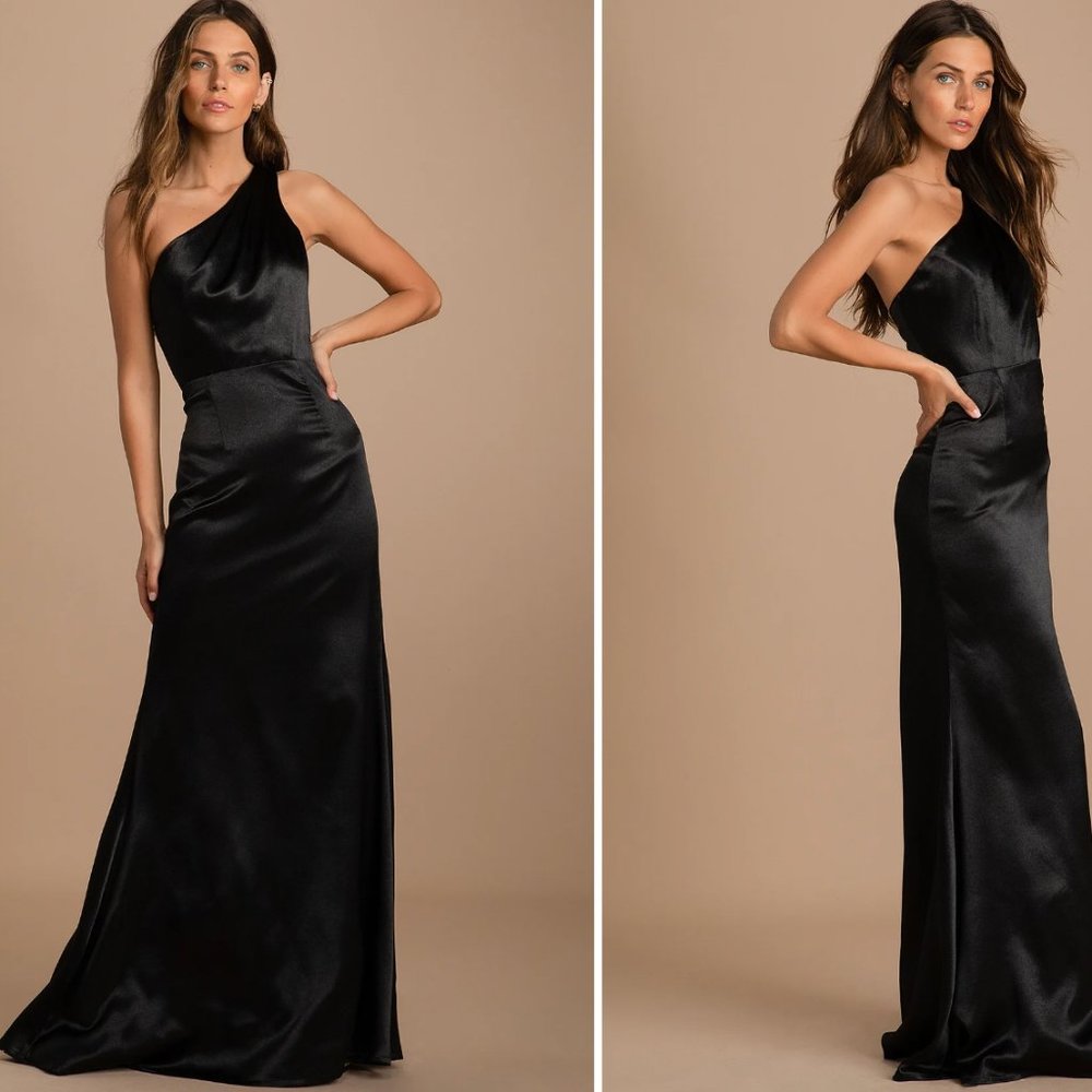 Lulu's - On the Guest List Black Satin One-Shoulder Maxi Dress.